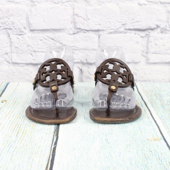 *Tory Burch Miller Brown Leather Logo Medallion Flip Flop Thong Sandals 8.5 Inch - Picture 4 of 9